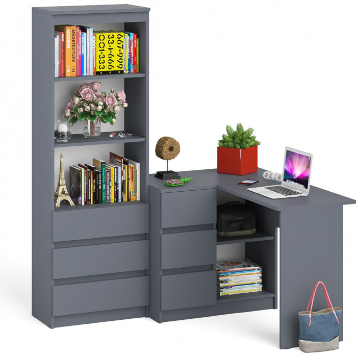 Мори Стол компьютерный МС-16 левый + Стеллаж МСТ600.3, цвет графит, ШхГхВ 184,8х84,9х179,6 см., выдвижные ящики слева, НЕ универсальная сборка