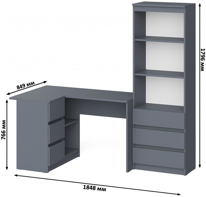 Мори Стол компьютерный МС-16 левый + Стеллаж МСТ600.3, цвет графит, ШхГхВ 184,8х84,9х179,6 см., выдвижные ящики слева, НЕ универсальная сборка