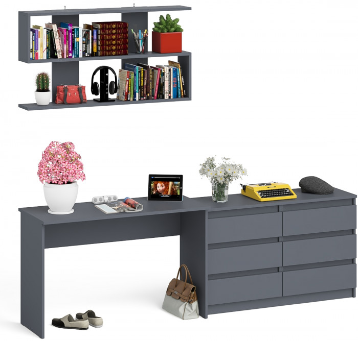 Мори Стол письменный МСП1200.1 + Комод МК1200.6 + Полка 1200, цвет графит, ШхГхВ 240,8х50х209,6 см., универсальная сборка