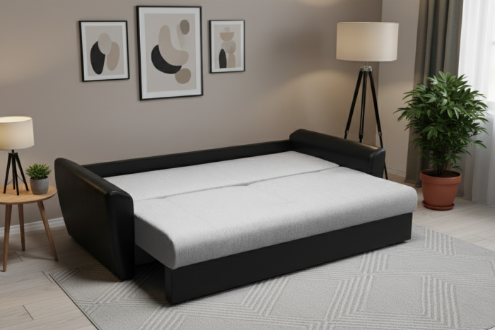 Диван-еврокнижка Амстердам, 150х195, пружинный блок, рогожка/экокожа, серый