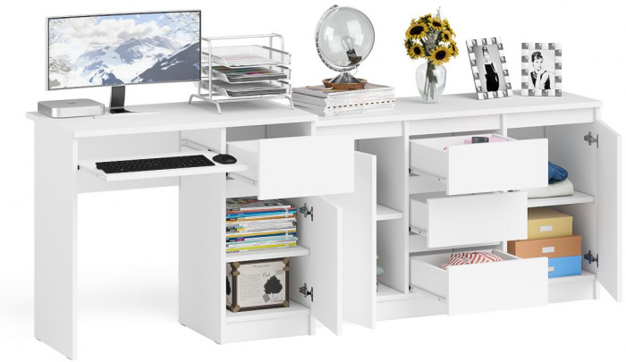 Мори компьютерный стол МС-1 правый + Комод МК1200.3, белый