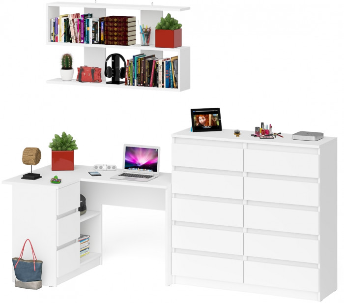Мори компьютерный стол МС-16 левый + Комод МК1200.10 + Полка 1200, белый