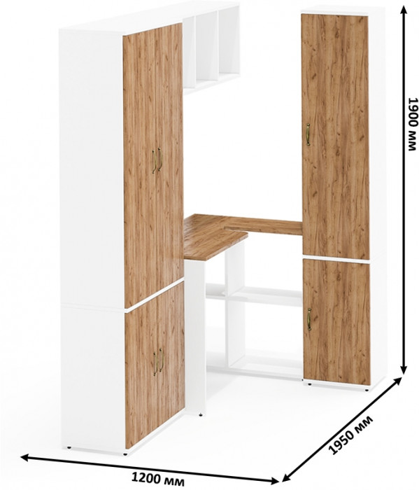 Лидер-8 Шкаф МД 20Б + Стол + Полка + Пенал 21Б, цвет белый шагрень/крафт золото, ШхГхВ 285х50/37,5х75/190 или 195х120х75/190 см., НЕ ун.сб.