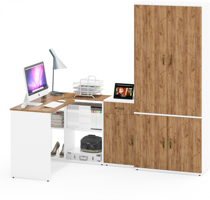 Лидер-8 Стол + Тумба МД 3.15 + Шкаф МД 20Б, цвет белый шагрень/крафт золото, ШхГхВ 285х50/37,5х75/190 или 115х200/50х75/190 см., НЕ ун. сборка