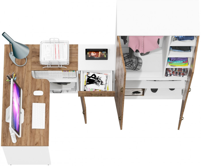 Лидер-8 Стол + Тумба МД 3.15 + Шкаф МД 20Б, цвет белый шагрень/крафт золото, ШхГхВ 285х50/37,5х75/190 или 115х200/50х75/190 см., НЕ ун. сборка