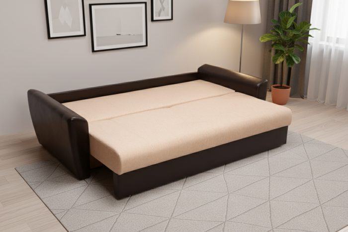 Диван-еврокнижка Амстердам, 150х195, пружинный блок, рогожка/экокожа, коричнево-бежевый