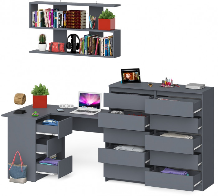 Мори компьютерный стол МС-16 левый + Комод МК1200.10 + Полка 1200, графит