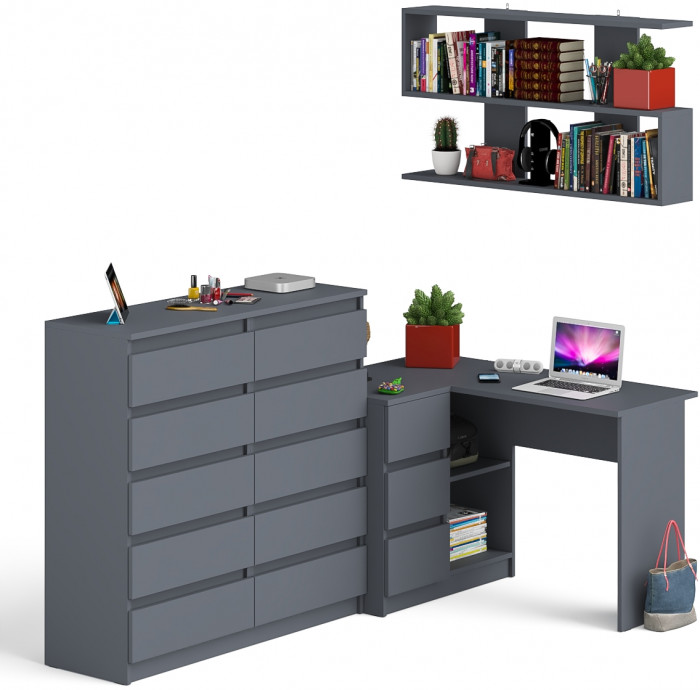 Мори компьютерный стол МС-16 левый + Комод МК1200.10 + Полка 1200, графит