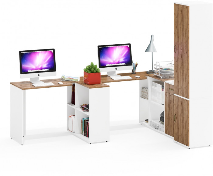 Лидер-8 Стол + Стол + Пенал МД 21Б + Тумба МД 3.15, цвет белый шагрень/крафт золото, ШхГхВ 410х50/37,5х75/190 или 230х160/50х75/190 см., НЕ ун. сб.