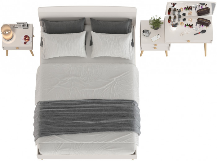 Афина Спальня Кровать 1400 + Трюмо + Тумба, цвет кашемир серый, ШхГхВ 144,6х210,2х95,7 + 105х38,6х129 + 45х37х45 см., 1400х2000 мм., б/м, осн. есть