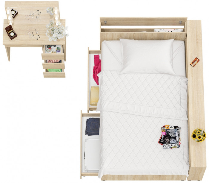 Ксения Кровать с ящиками 1200 + прикроватный блок + Столик с подсветкой Сура, дуб сонома