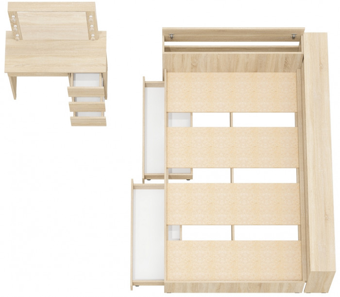 Ксения Кровать с ящиками 1200 + прикроватный блок + Столик с подсветкой Сура, дуб сонома