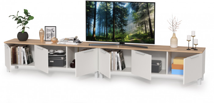 КР100 Тумба под ТВ 13.267.01 + 13.267.01, цвет белый шагрень/дуб сонома, ШхГхВ 276,8х34,9х43,8 см., универсальная сборка