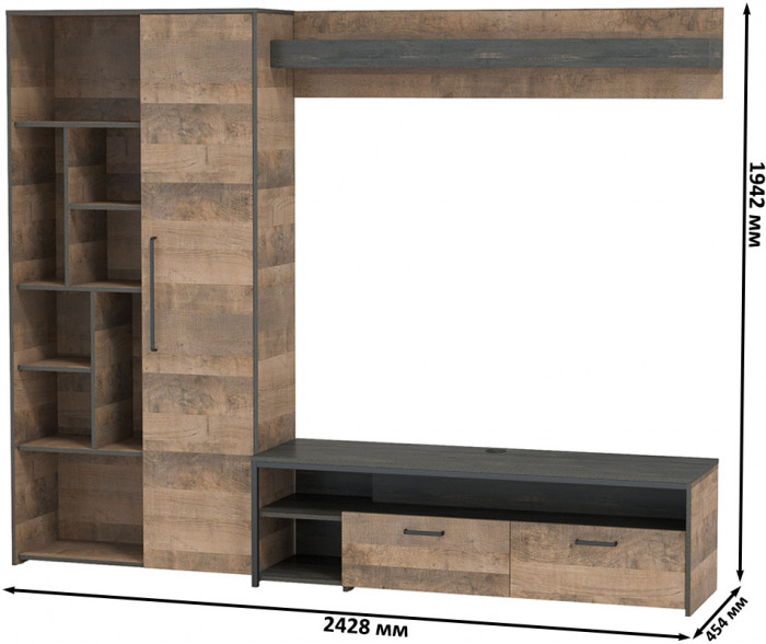 Трувор 13.70 Тумба под ТВ + 13.206 Шкаф-стеллаж + 15.60 Полка, цвет дуб гранж песочный/интра, ШхГхВ 242,8х45,4х194,2 см., универсальная сборка