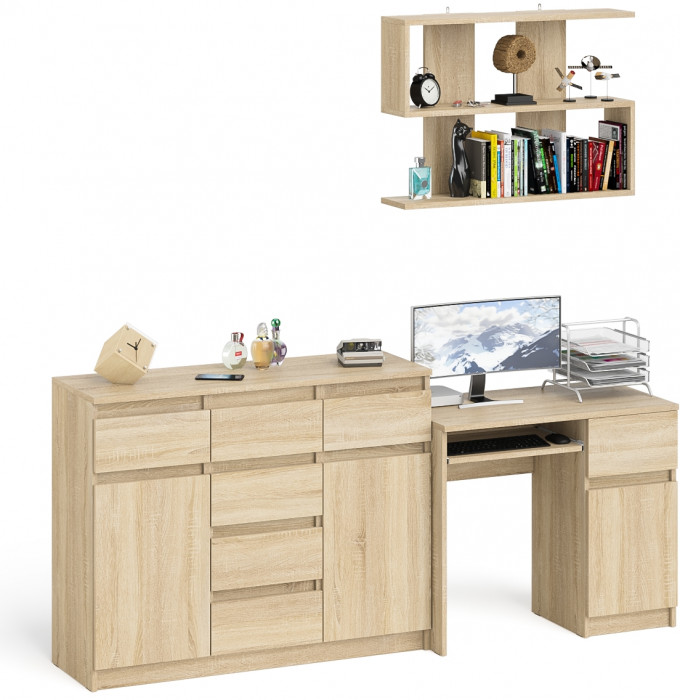 Мори компьютерный стол МС-1 правый + Комод МК1200.4 + Полка 900, дуб сонома
