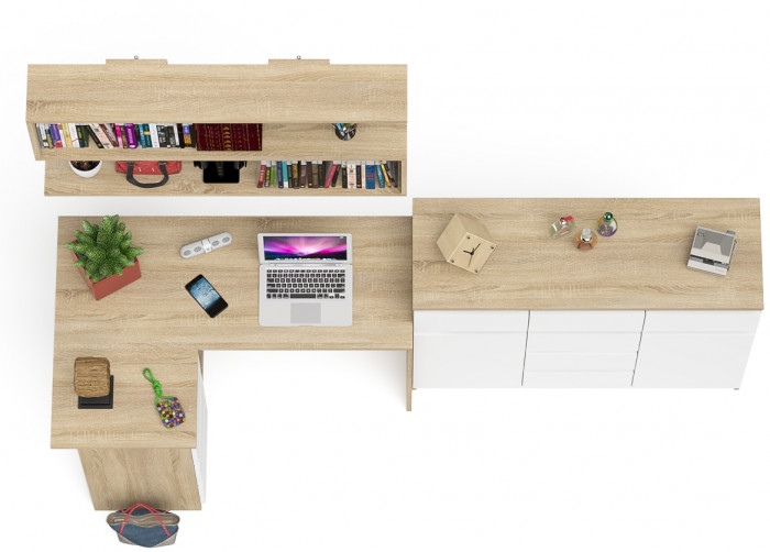 Мори компьютерный стол МС-16 левый + Комод МК1200.4 + Полка 1200, дуб сонома/белый