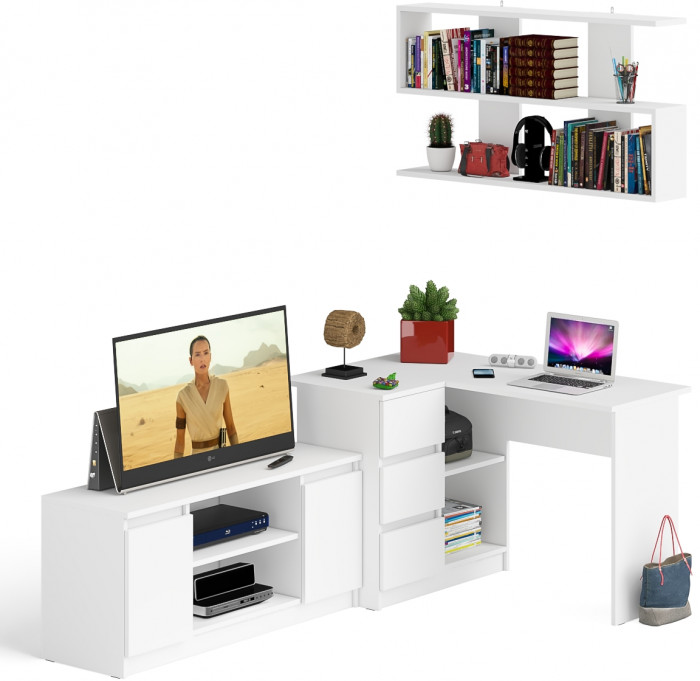 Мори компьютерный стол МС-16 левый + Тумба МТВ1200.1 + Полка 1200, белый