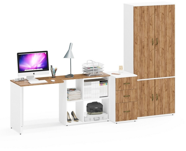 Лидер-8 Стол + Тумба МД 3.16 + Шкаф МД 20Б, цвет белый шагрень/крафт золото, ШхГхВ 285х50/37,5х75/190 или 115х200/50х75/190 см., НЕ ун. сборка