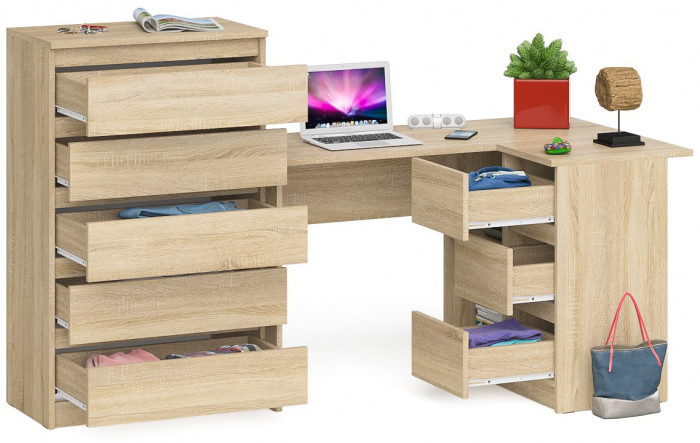 Мори Стол компьютерный МС-16 правый + Комод МК700.5, цвет дуб сонома, ШхГхВ 194,8х84,9х114 см., выдвижные ящики справа, НЕ универсальная сборка