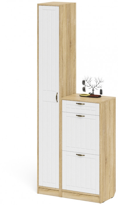 Прихожая П-6 Компоновка № 22, дуб сонома/фасады МДФ белое дерево фрезеровка прованс