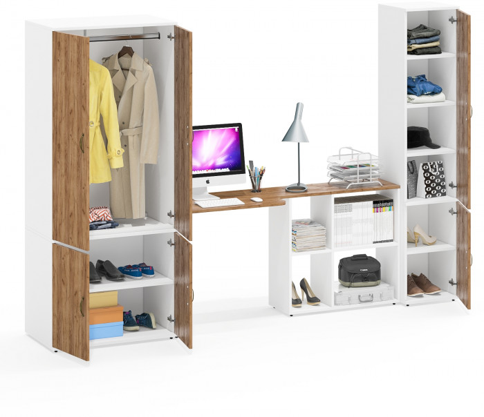 Лидер-8 Шкаф МД 19Б + Стол + Пенал 22Б, белый шагрень/крафт золото