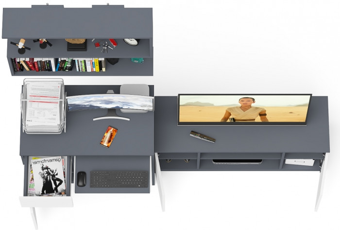 Мори компьютерный стол МС-1 левый + Тумба МТВ1200.1 + Полка 900, графит/белый