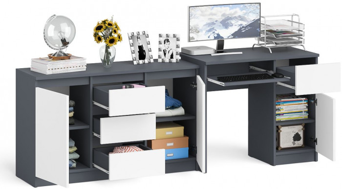 Мори компьютерный стол МС-1 правый + Комод МК1200.3, графит/белый