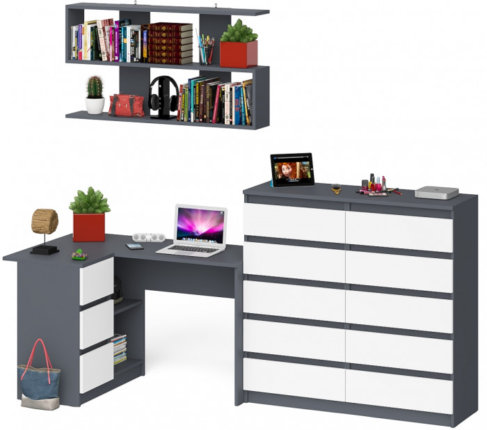 Мори компьютерный стол МС-16 левый + Комод МК1200.10 + Полка 1200, графит/белый