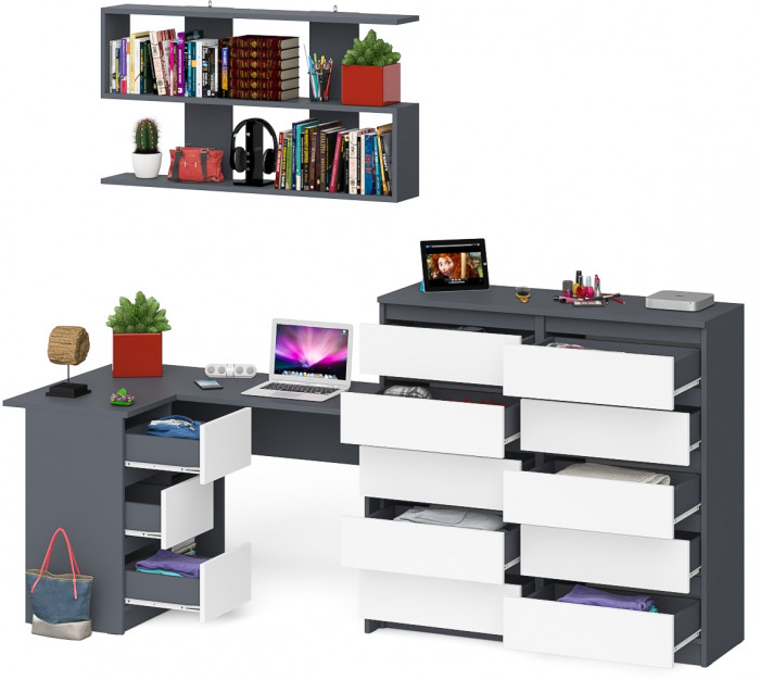 Мори компьютерный стол МС-16 левый + Комод МК1200.10 + Полка 1200, графит/белый