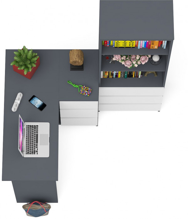 Мори компьютерный стол МС-16 правый + Стеллаж МСТ600.3, графит/белый