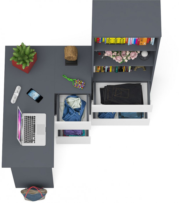 Мори компьютерный стол МС-16 правый + Стеллаж МСТ600.3, графит/белый