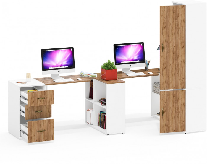 Лидер-8 Стол + Стол + Пенал МД 21Б + Тумба МД 3.16, цвет белый шагрень/крафт золото, ШхГхВ 410х50/37,5х75/190 или 270х120/50х75/190 см., НЕ ун. сб.