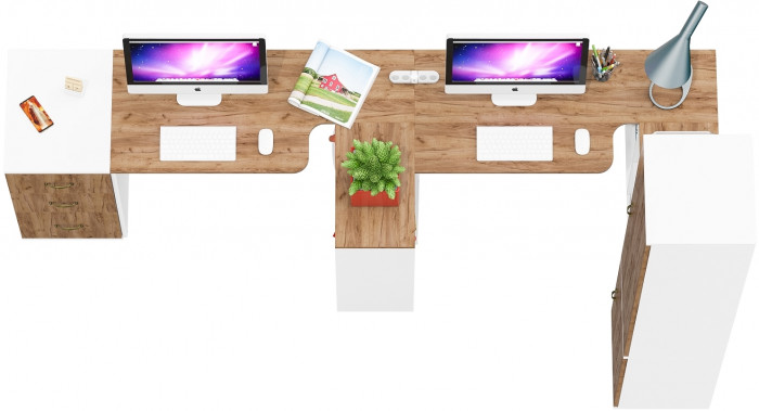 Лидер-8 Стол + Стол + Пенал МД 21Б + Тумба МД 3.16, цвет белый шагрень/крафт золото, ШхГхВ 410х50/37,5х75/190 или 270х120/50х75/190 см., НЕ ун. сб.