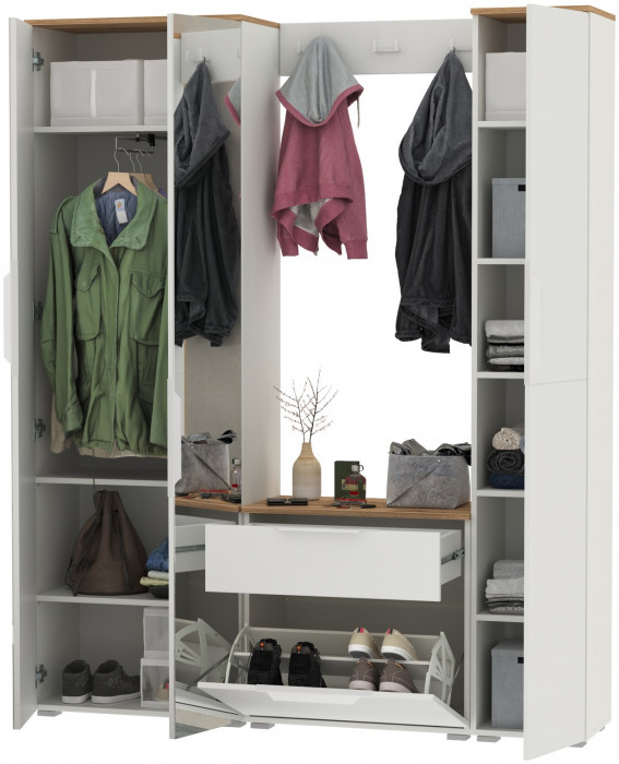 Октава Прихожая 23, цвет белый шагрень/дуб крафт золотой/фасады МДФ белый шагрень, ШхГхВ 161,5х35,4х197,6 см., универсальная сборка