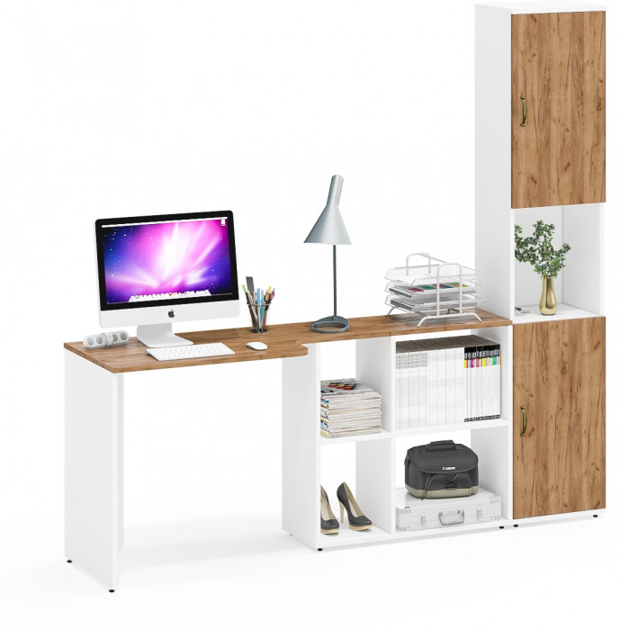 Лидер-8 Стол + Пенал, белый шагрень/крафт золото