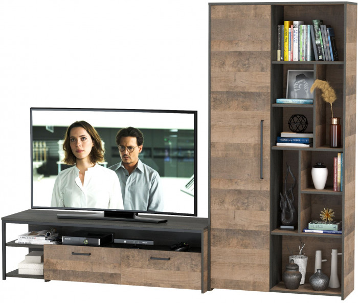 Трувор 13.70 Тумба под ТВ + 13.206 Шкаф-стеллаж, цвет дуб гранж песочный/интра, ШхГхВ 242,8х45,4х194,2 см., универсальная сборка