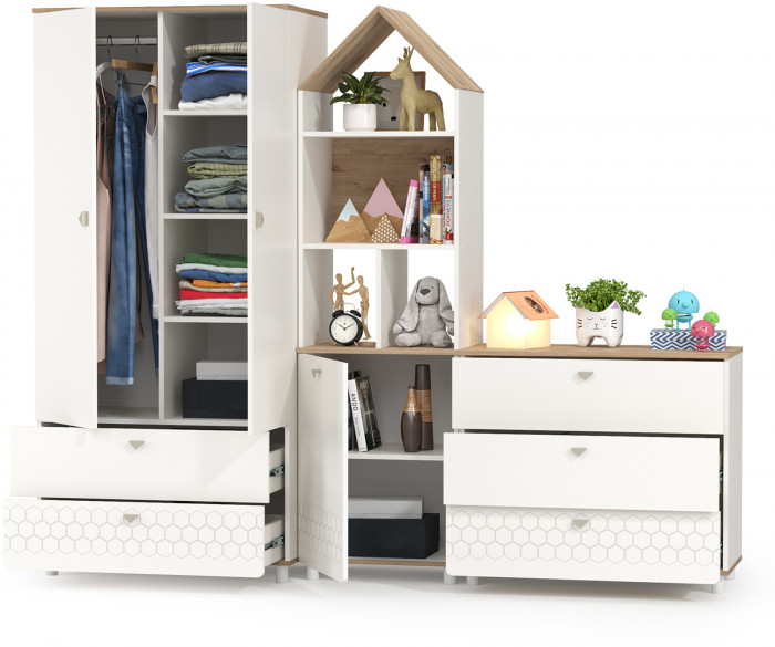 Эйп 13.334 Шкаф для одежды + 13.322 Комод + 13.14 Стеллаж, цвет белый/дуб белый, ШхГхВ 223х51,1х183,8 см., универсальная сборка