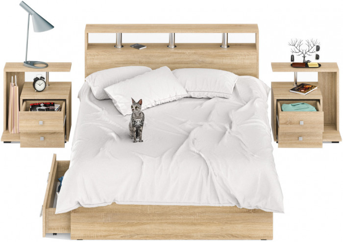 Камелия Кровать с ящиками 1400 + две тумбы, цвет дуб сонома, ШхГхВ 256х217х78,2 см., сп.м. 1400х2000 мм., без матраса, основание есть