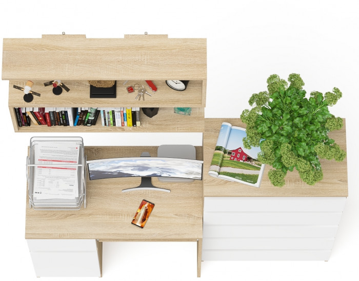 Мори Стол компьютерный МС-1 левый + Комод МК700.5 + Полка 900, цвет дуб сонома/белый, ШхГхВ 160,4х50х209,6 см., НЕ универсальная сборка