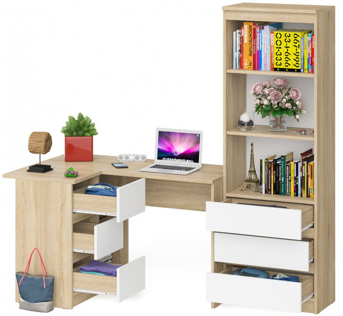 Мори Стол компьютерный МС-16 левый + Стеллаж МСТ600.3, цвет дуб сонома/белый, ШхГхВ 184,8х84,9х179,6 см., выдвижные ящики слев, НЕ универс. сборкаа