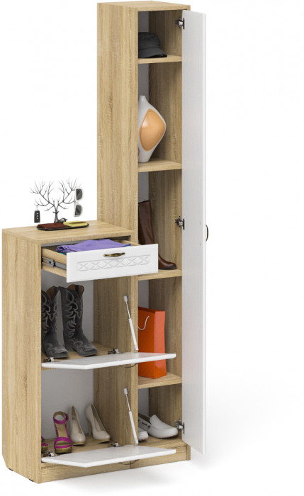 Прихожая П-6 Компоновка № 22, дуб сонома/фасады МДФ белое дерево фрезеровка ромб