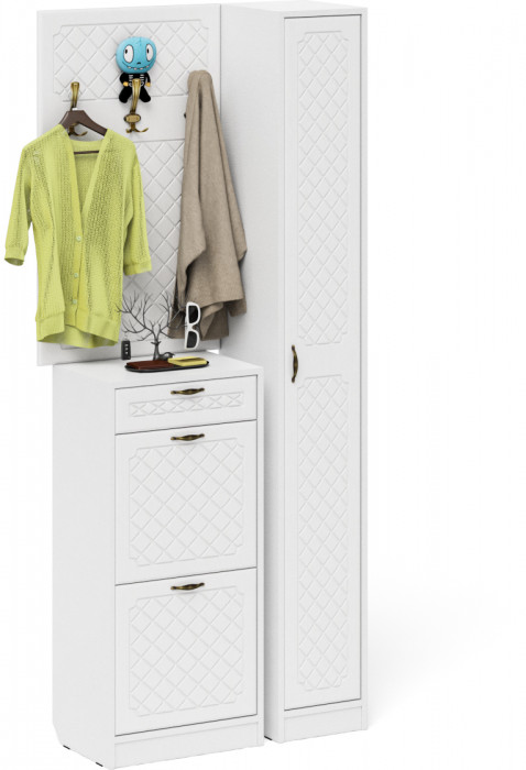 Прихожая П-6 Компоновка № 24, цвет белая шагрень/фасады МДФ белое дерево фрезеровка ромб, ШхГхВ 90х35х220 см., универсальная сборка