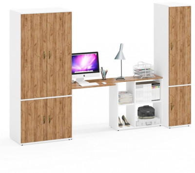 Лидер-8 Шкаф МД 19Б + Стол + Пенал 23Б, белый шагрень/крафт золото