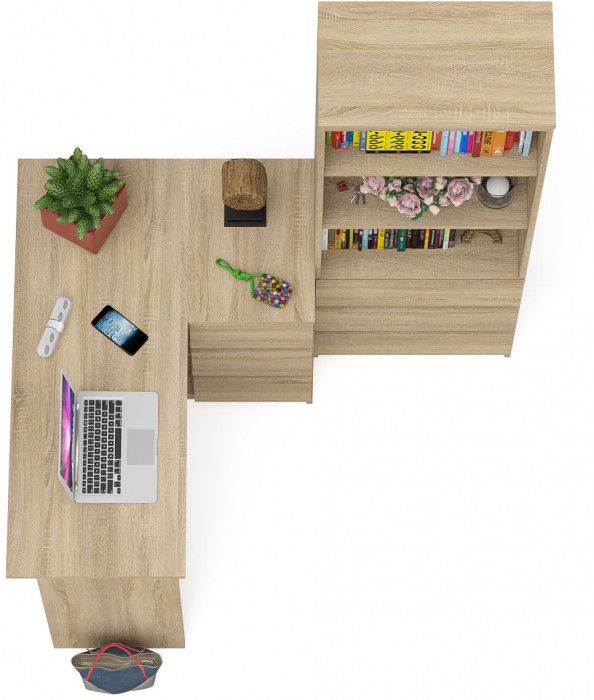 Мори компьютерный стол МС-16 правый + Стеллаж МСТ600.3, дуб сонома