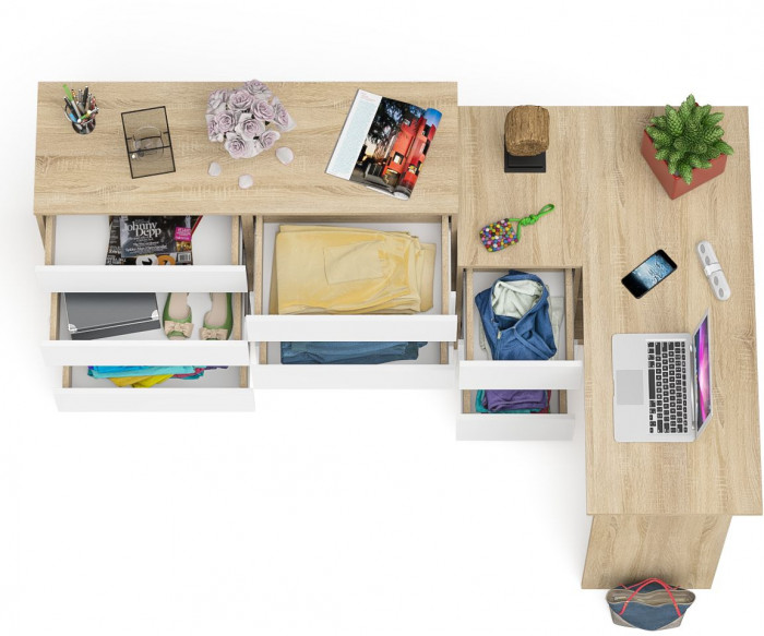 Мори Стол компьютерный МС-16 левый + Комод МК1200.8, цвет дуб сонома/белый, ШхГхВ 244,8х84,9х94 см., выдвижные ящики слев, НЕ универсальная сборкаа