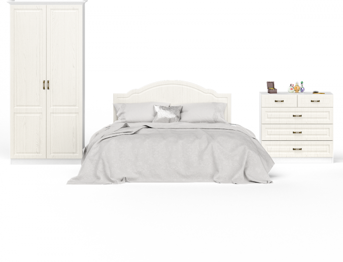 Ливерпуль Спальня № 4 Кровать 11.08ОСН + Шкаф 13.134 + карниз + Комод 10.103, цвет ясень ваниль/белый, сп. м. 1600х2000 мм., б/м, ортопед есть