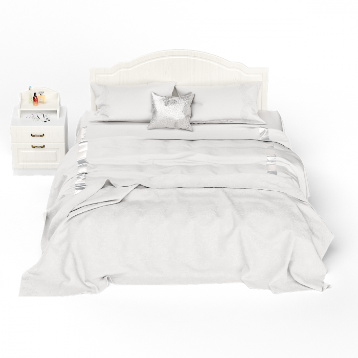 Ливерпуль Кровать 11.08 + основание + ножки + Тумба 08.146 + Полка 10.117, цвет ясень ваниль/белый, ШхГхВ 266х204х112 см, 1600х2000 мм, б/м, орт. есть