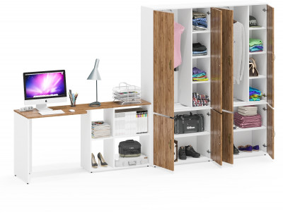 Лидер-8 Стол + Шкаф МД 20Б + Шкаф МД 20Б, цвет белый шагрень/крафт золото, ШхГхВ 325х50/37,5х75/190 или 115х240/50х75/190 см., НЕ ун. сборка