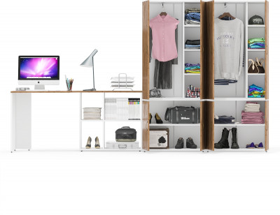 Лидер-8 Стол + Шкаф МД 20Б + Шкаф МД 20Б, цвет белый шагрень/крафт золото, ШхГхВ 325х50/37,5х75/190 или 115х240/50х75/190 см., НЕ ун. сборка