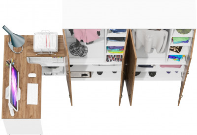 Лидер-8 Стол + Шкаф МД 20Б + Шкаф МД 20Б, цвет белый шагрень/крафт золото, ШхГхВ 325х50/37,5х75/190 или 115х240/50х75/190 см., НЕ ун. сборка